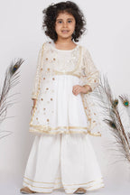 Little Bansi Girls Cotton Floral Embroidery Frock Kurta with Sharara & Dupatta - White | Grocsy