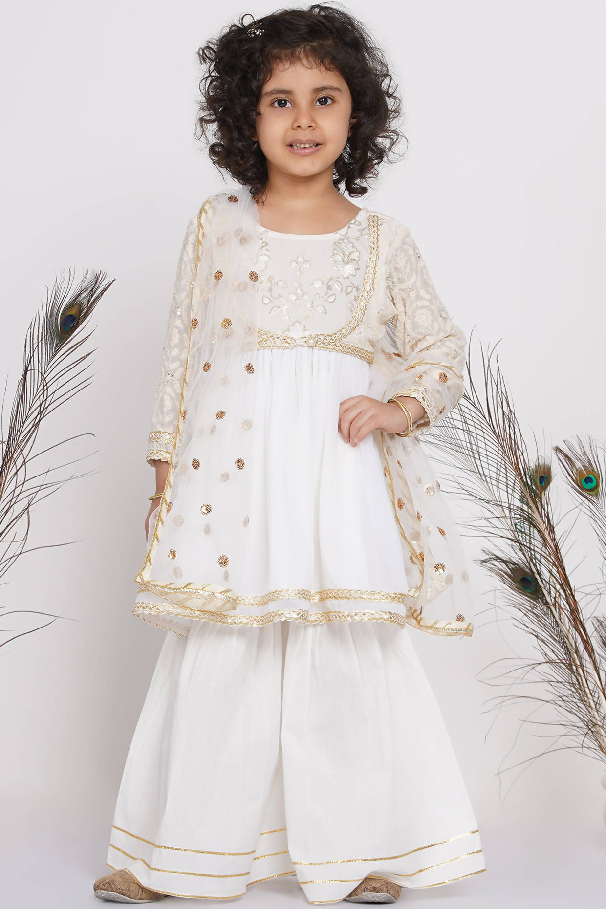 Little Bansi Girls Cotton Floral Embroidery Frock Kurta with Sharara & Dupatta - White | Grocsy