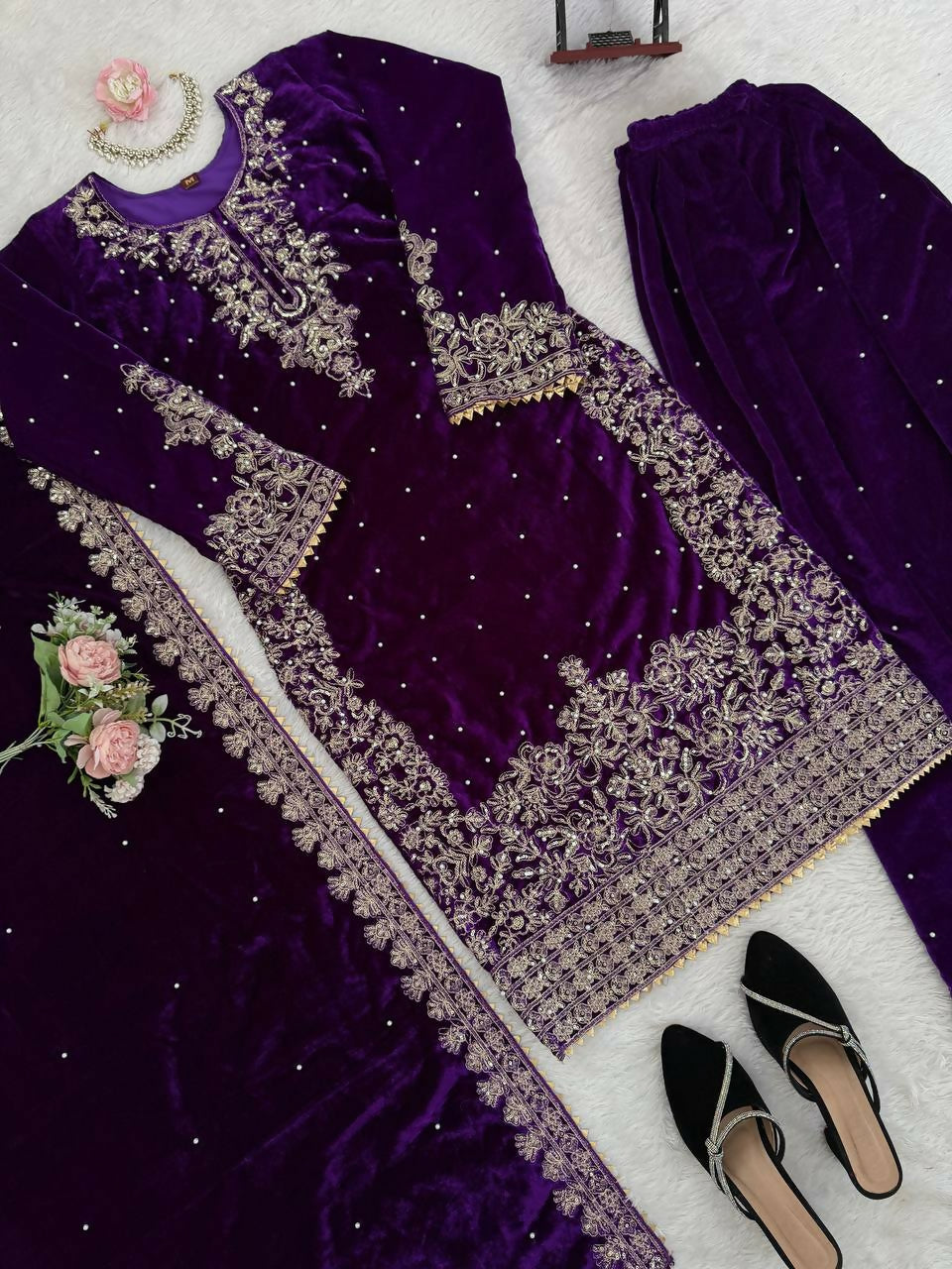 Vastranavya Purple Viscose Velvet Cording Sequence With Moti Work Top-Bottom With Dupatta | Grocsy