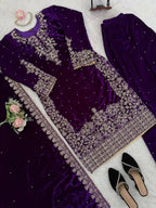 Vastranavya Purple Viscose Velvet Cording Sequence With Moti Work Top-Bottom With Dupatta | Grocsy