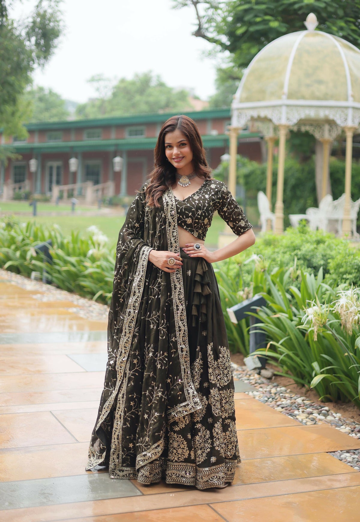 Lorenvalley Mahendi Rangoli Silk Heavy Sequins & Thread Embroidered work Lehenga Choli | Grocsy