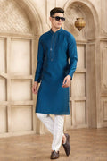 Raivat Ethnic Banarasi Art Silk Mirror Work Kurta Pajama In Blue Colour | Grocsy