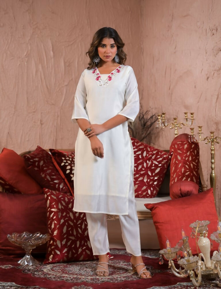 Ethnic Festive Wear Viscose Chanderi White Stitched Suit With Dupatta - Tanisha | Grocsy