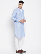 Even Apparels Blue Color Pure Cotton Men's Kurta With Contrast Collar And Placket | Grocsy