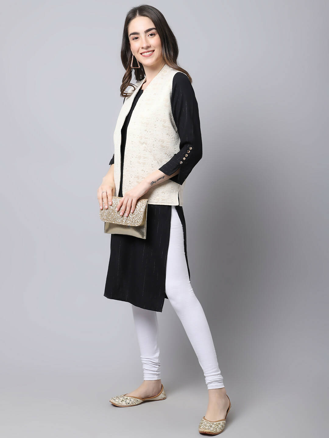 Even Apparels Cream 100% Viscose Rayon Open Front Gillet | Grocsy