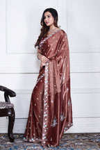 Morchari Brown Pure Chiffon Hand Embroidery Saree And Stitched Blouse | Grocsy