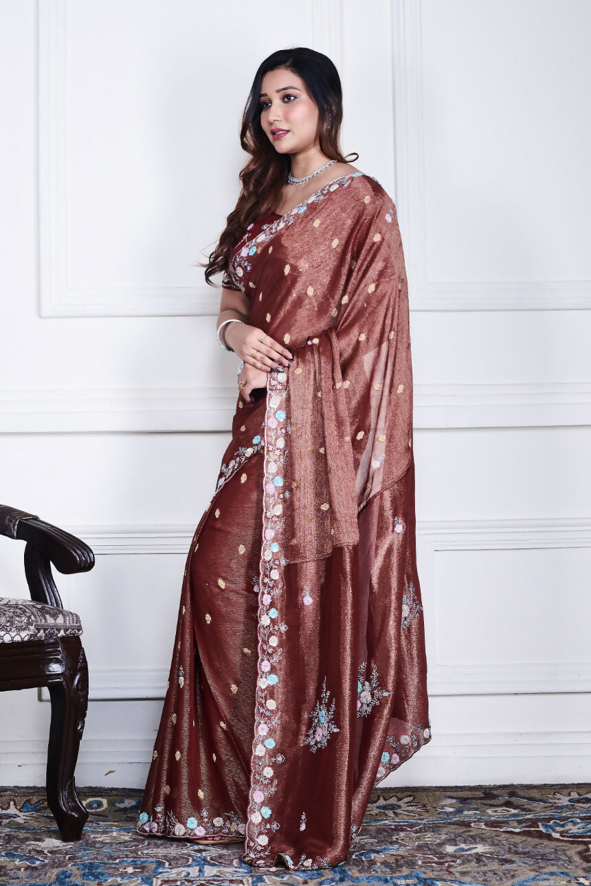 Morchari Brown Pure Chiffon Hand Embroidery Saree And Stitched Blouse | Grocsy