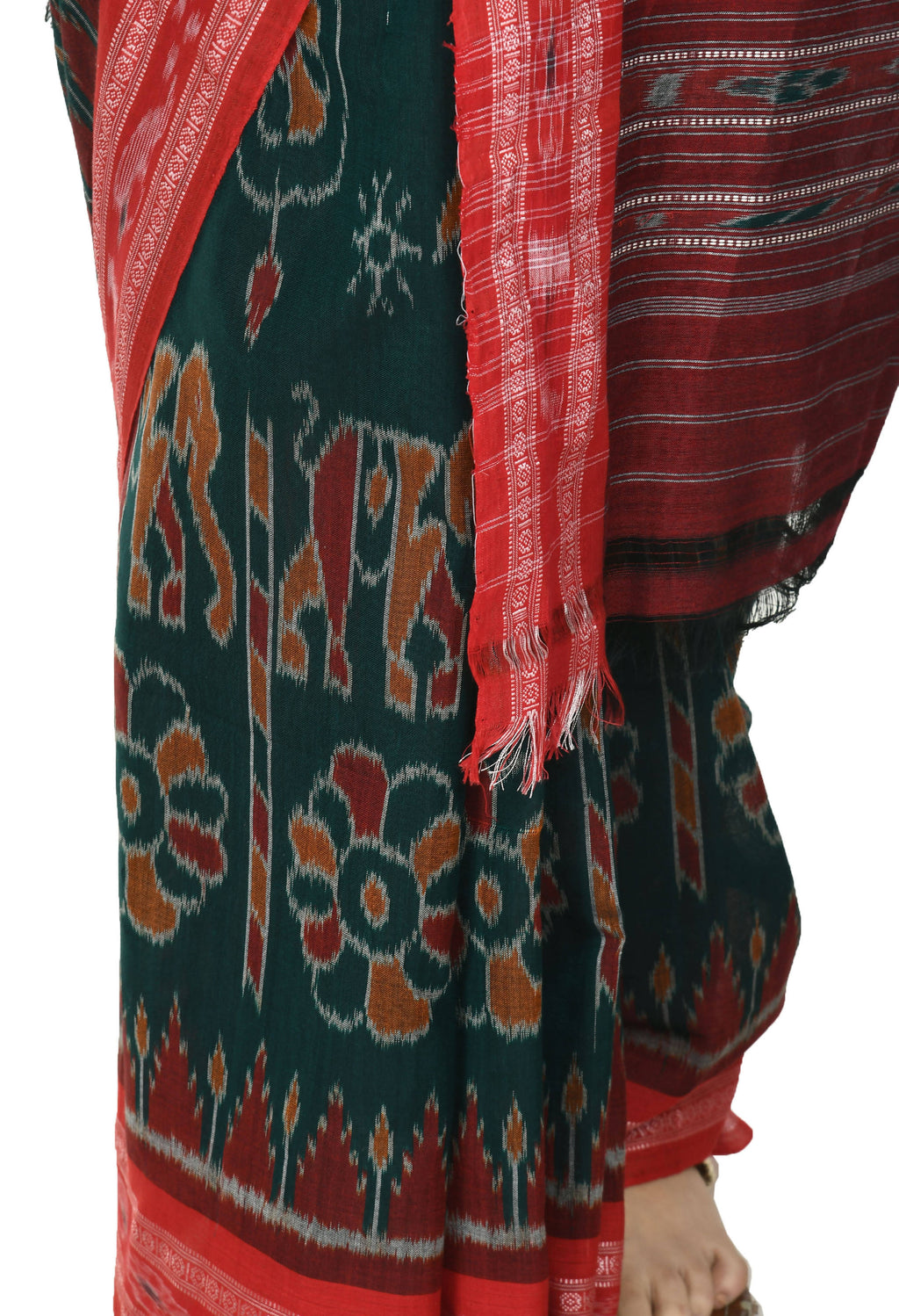 Vamika Sambalpuri Ikat Cotton Dehabandha Green & Red Saree | Grocsy
