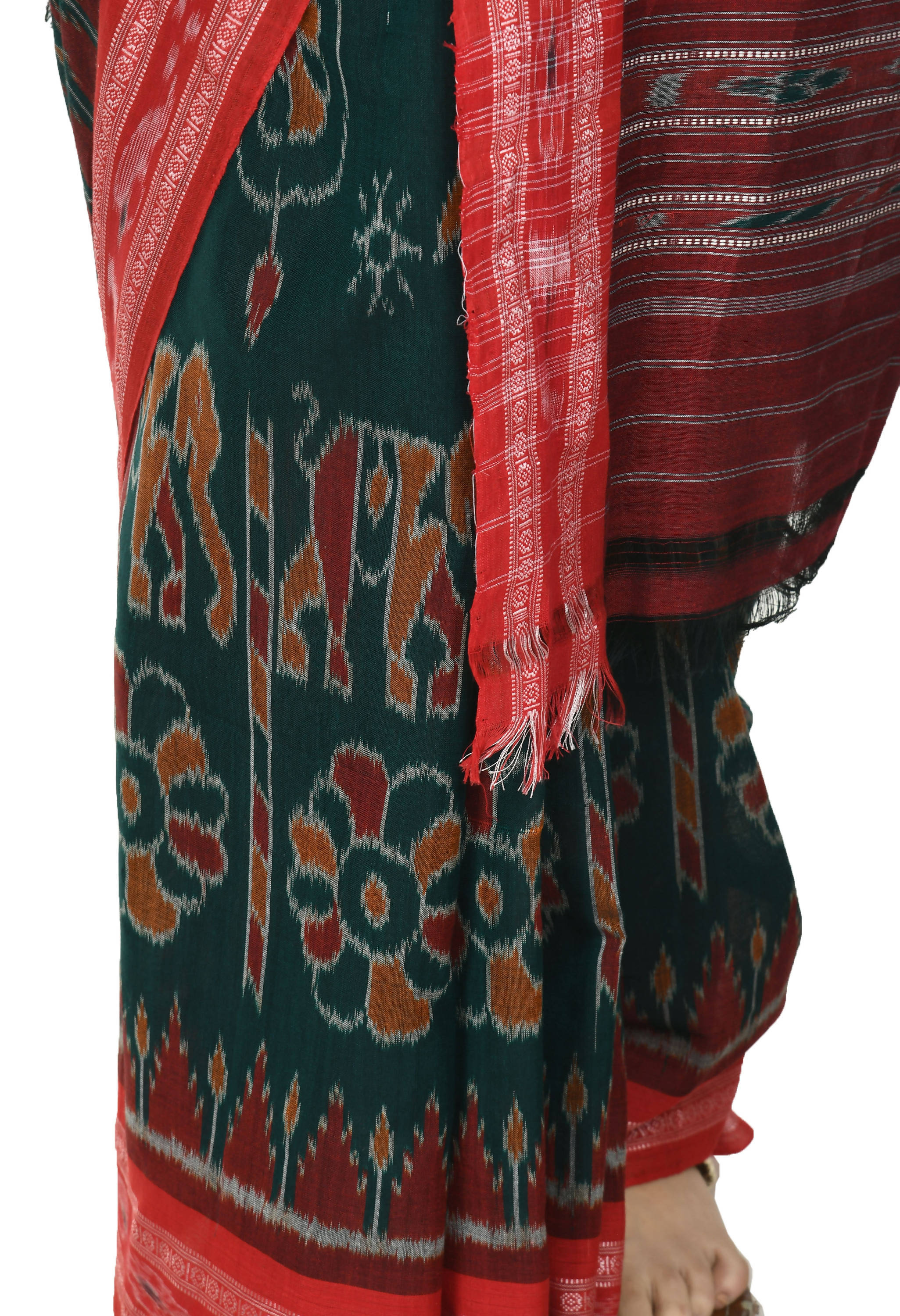 Vamika Sambalpuri Ikat Cotton Dehabandha Green & Red Saree | Grocsy
