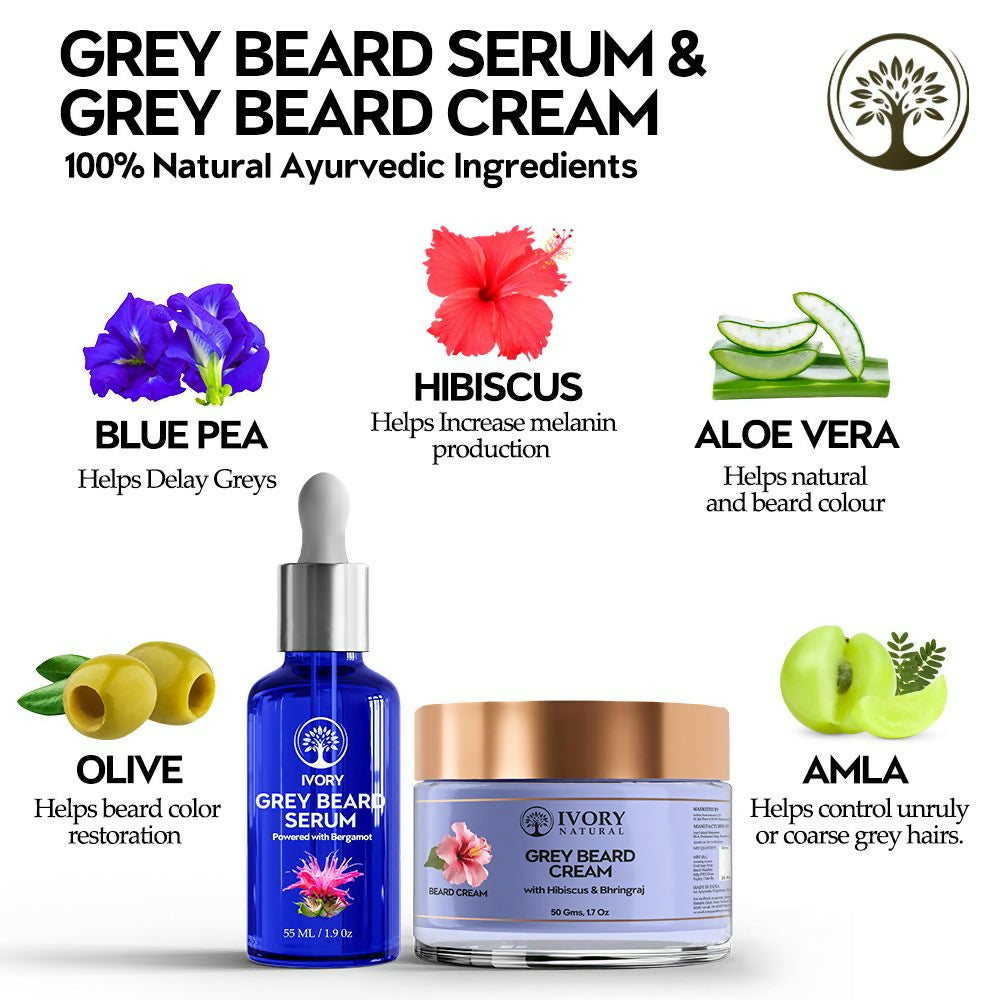 Ivory Natural Grey Combo For Beard - Serum & Cream For Rejuvenates Natural Beard Shade And Supports Natural Black Color | Grocsy