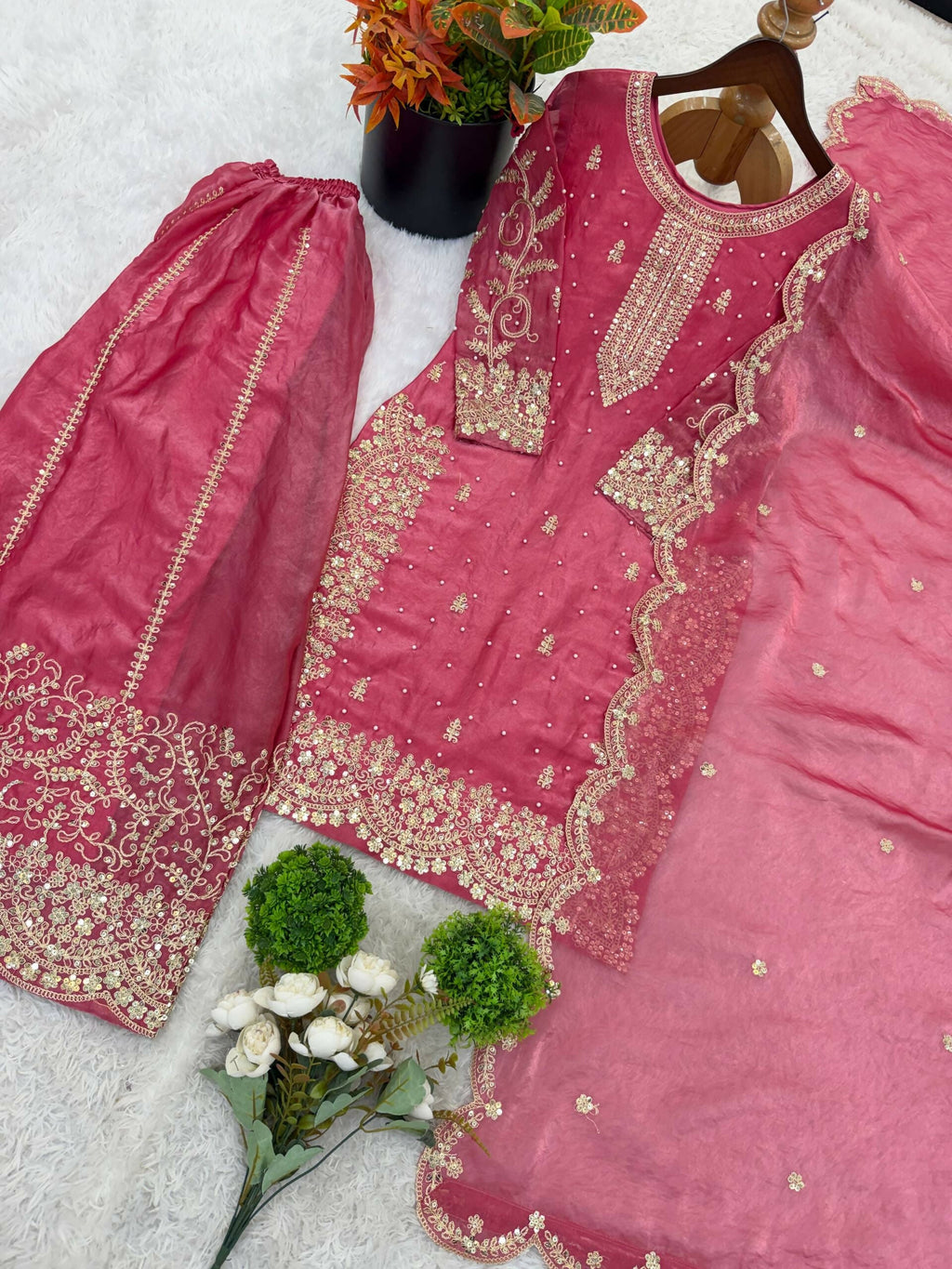 Teeya Creation Womens New Trendy Embroidery Coding And Sequence Work Pink Kurta Set | Grocsy