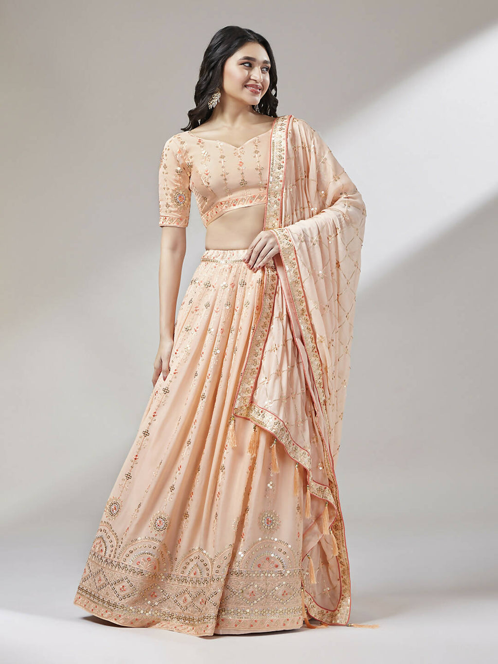 House of Panchhi Women Peach Pure Georgette Embroidered Lehenga & Blouse, Dupatta | Grocsy