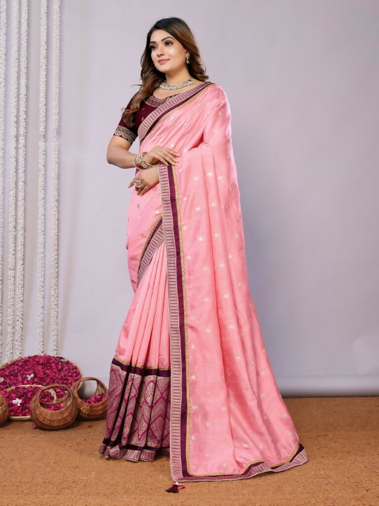Pink Tusser Silk Zari And Sequins Embroidery Saree - Norita Saumya | Grocsy