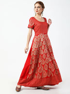 Cheera Women's Red Chanderi Silk & Rayon Hand Block Print Long Dress With Silk Dupatta Set | Grocsy