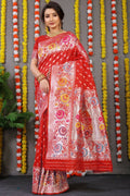 Jyoti Fashion Women's Red Banarasi Silk Zari Woven Saree with Blouse | Grocsy