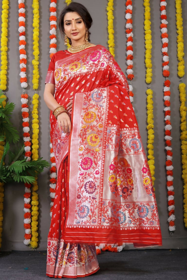 Jyoti Fashion Women's Red Banarasi Silk Zari Woven Saree with Blouse | Grocsy