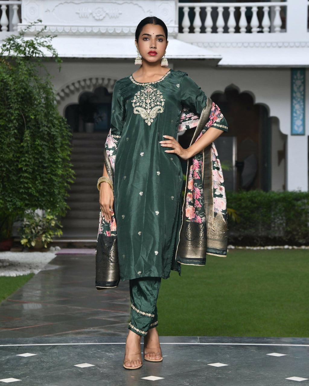 Vaasva Women's Silk Emboidered Solid Pant Set & Digital Printed Dupatta | Grocsy