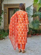 The52 Orange Women's Beautiful Cotton Blend Fabric Printed Work Straight Kurta, Pant and Dupatta Set | Grocsy