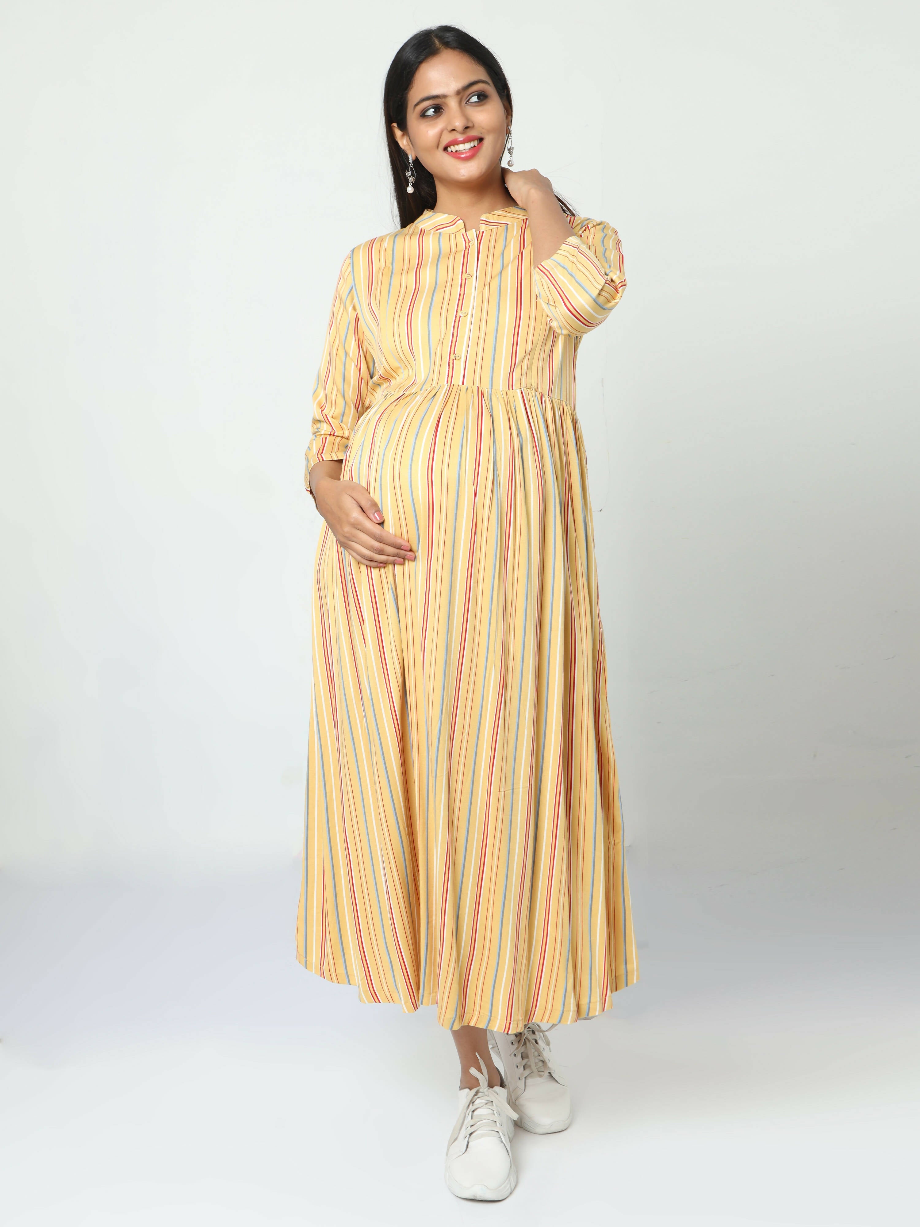 Manet Three Fourth Maternity Dress Striped With Concealed Zipper Nursing Access - Yellow | Grocsy
