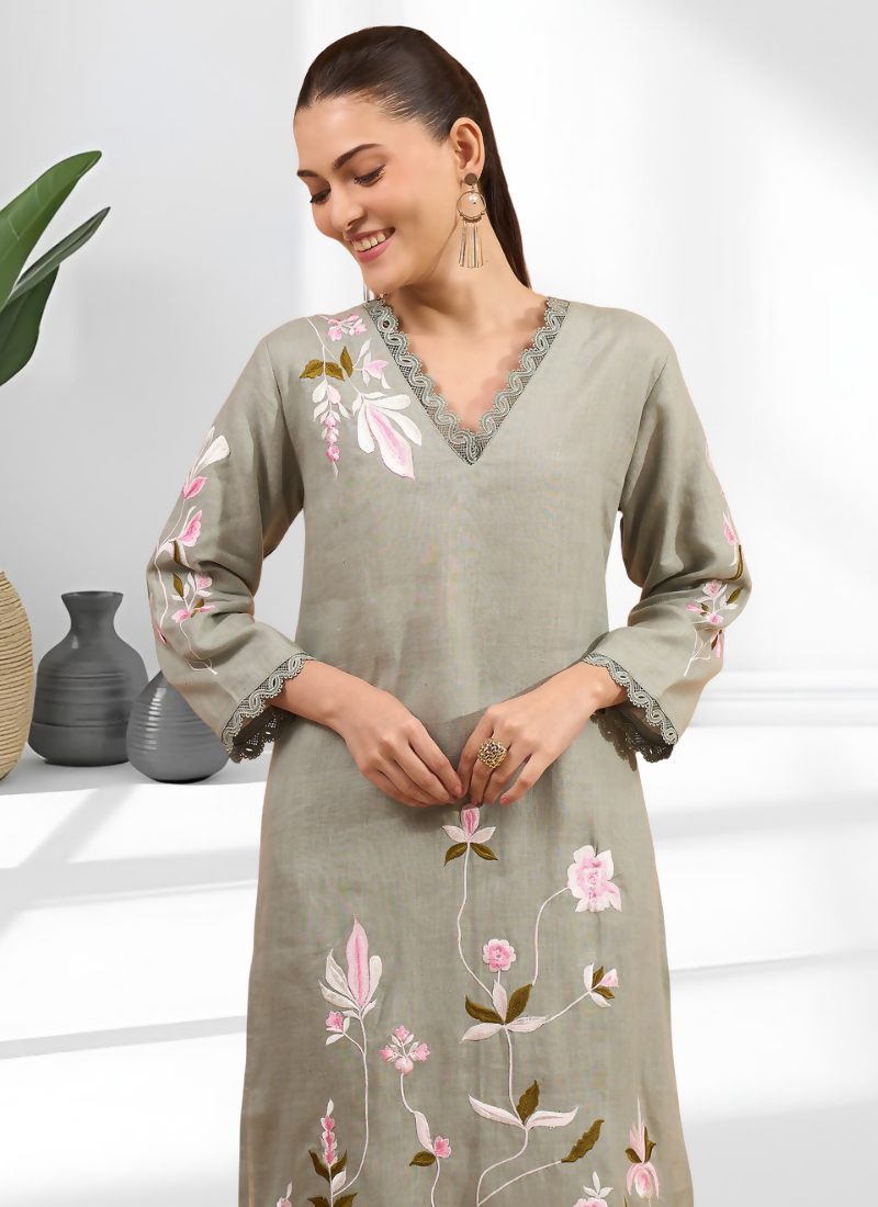 Joban Fashion Pista Green Linen Embroidered Readymade Long Kurta With Pant | Grocsy