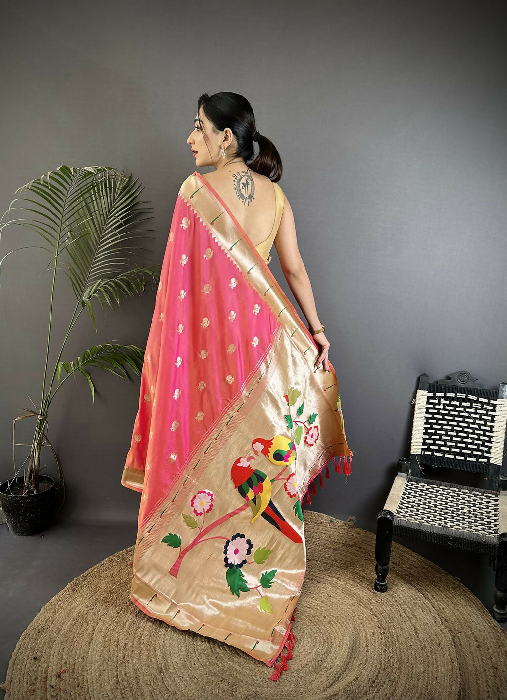 Joban Fashion Peach Peacock & Floral Motifs Soft Silk Kanchipuram Saree | Grocsy