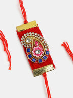 NVR Men Red Stone-Studded Rakhi With Roli Chawal & Chocolate | Grocsy
