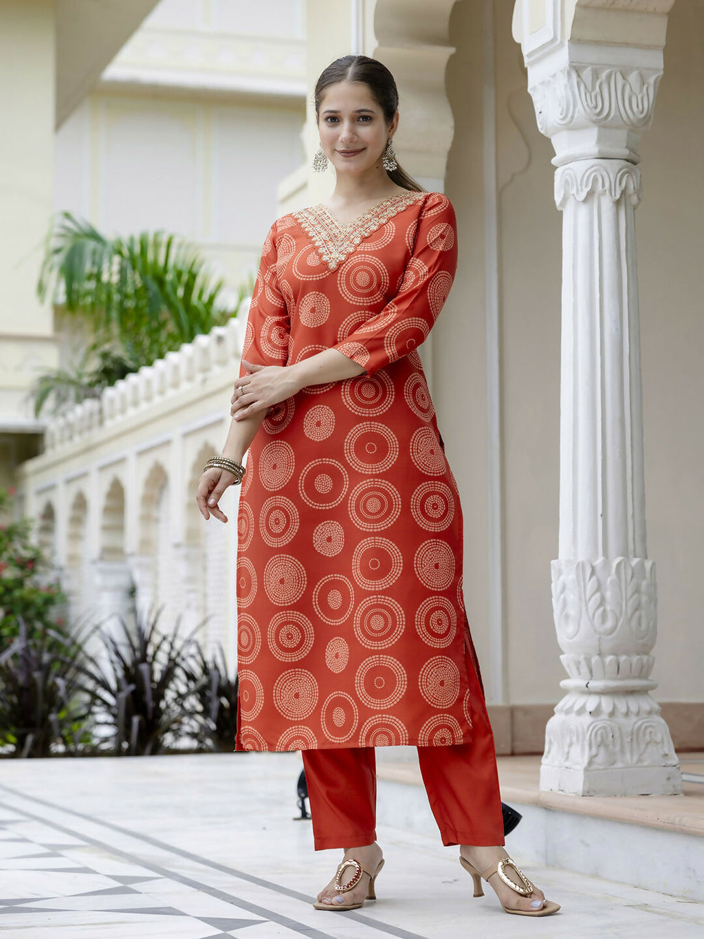 The52 Orange Women's Gorgeous Rayon Embroidered Straight Kurta with Pant And Dupatta Set | Grocsy