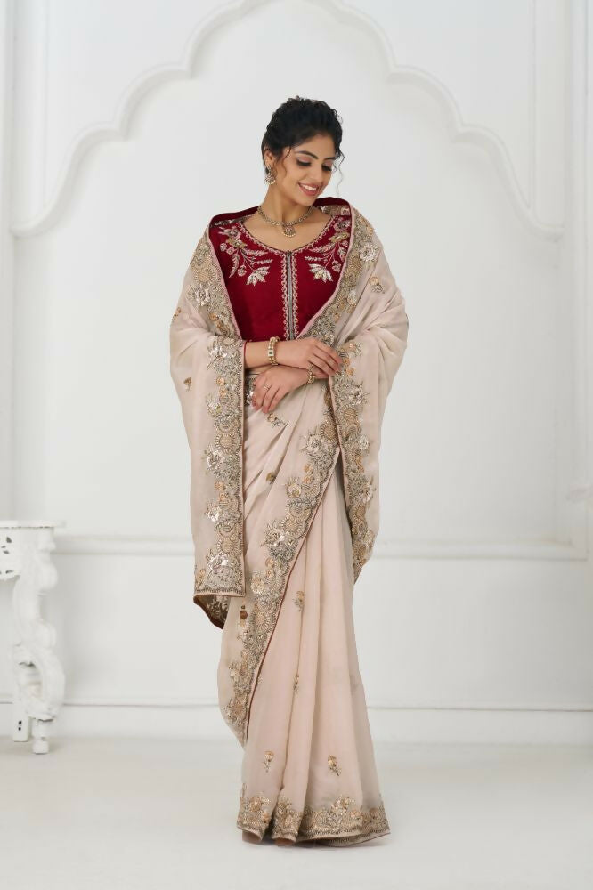 Kesar Fab Chiku Color Stunning Fendi Silk With Zari & Sequins Elegance Saree | Grocsy