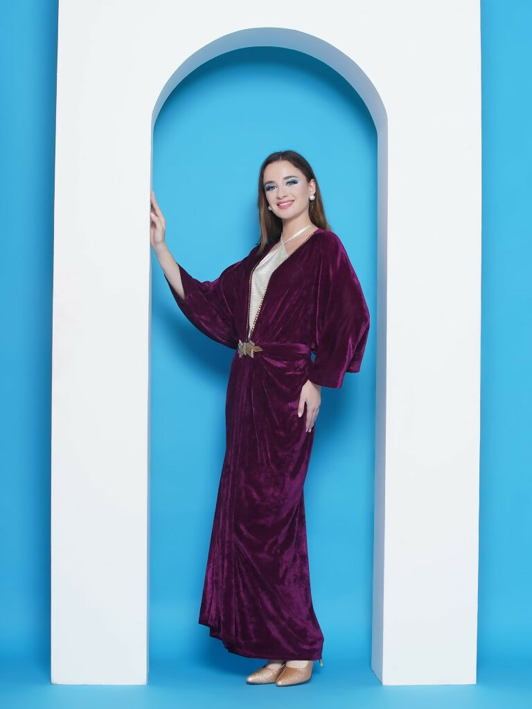 Joban Fashion Wine Velvet Gown With Silver Halter Neck Ineer | Grocsy