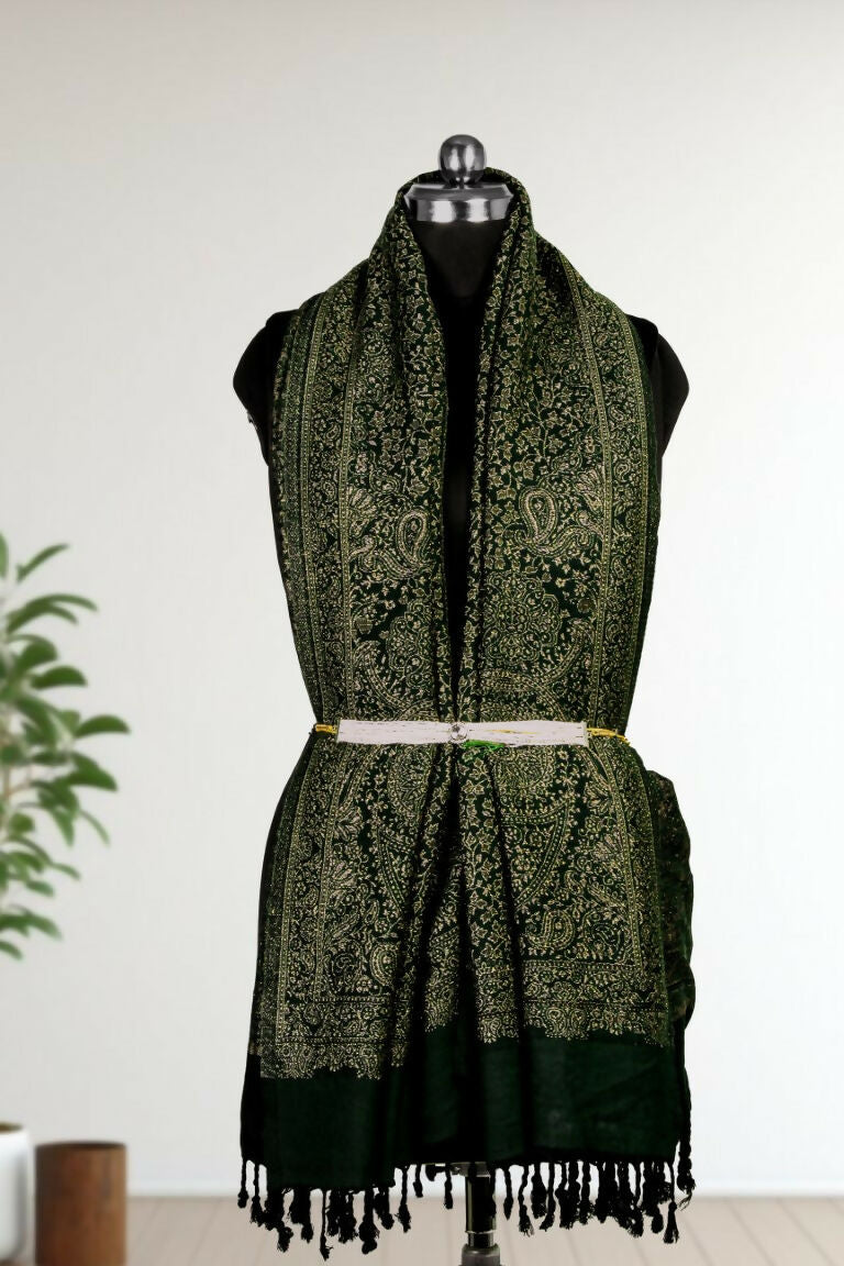 Weaving Mystery Handloom Pashmina Shawl-Kaani Zari - Green | Grocsy