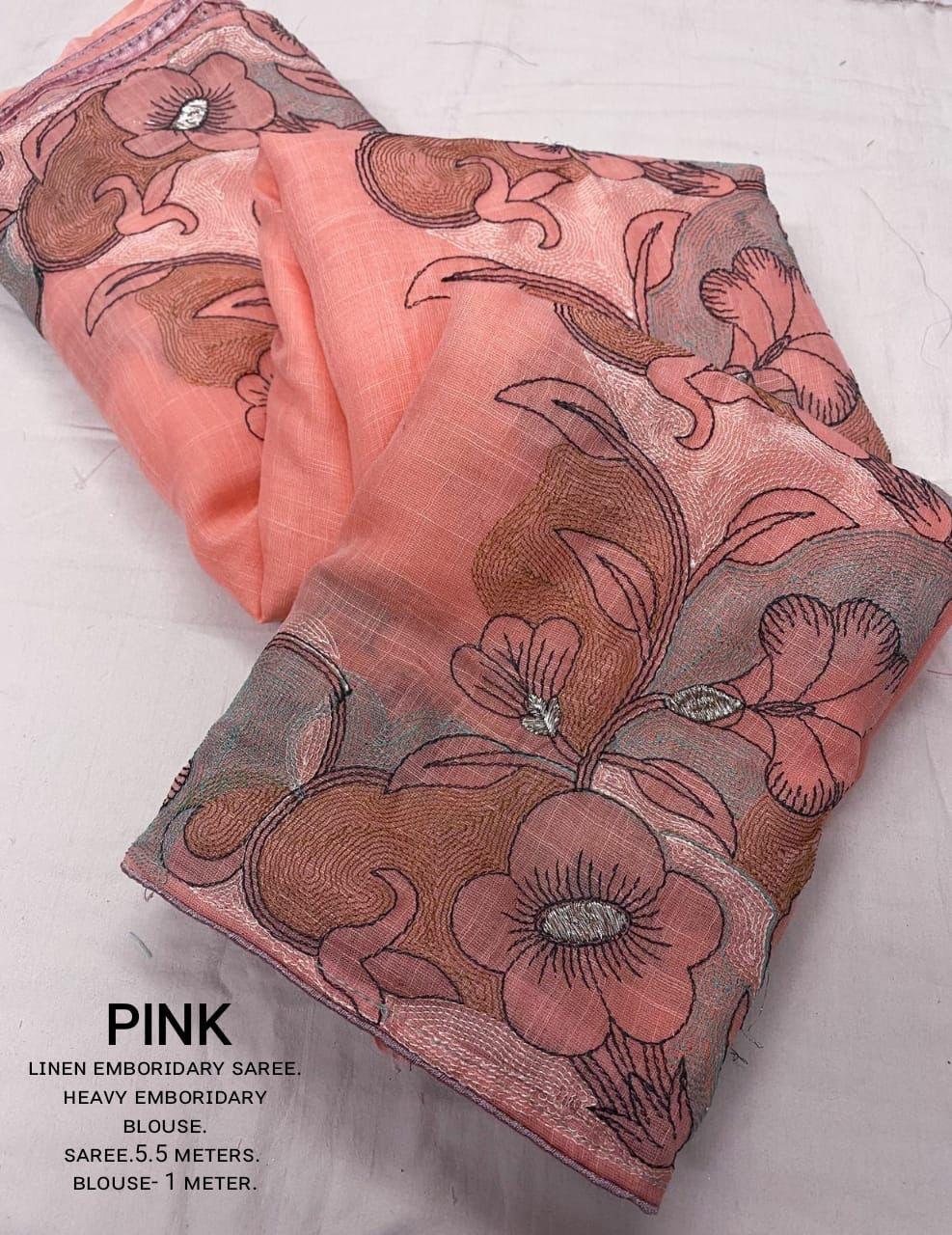 Pink Pure Linen Ethnic Motifs Saree with Unstitched Blouse - A2M | Grocsy
