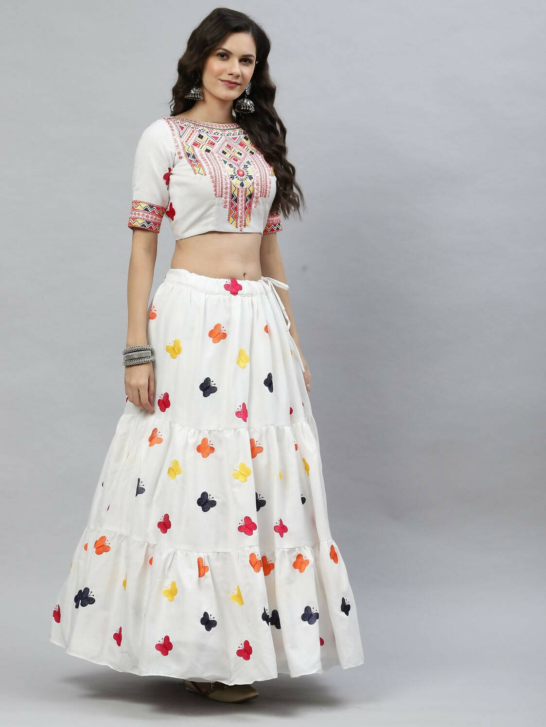 White Cotton Embroidered Work Lehenga Choli with Dupatta - Jivika | Grocsy