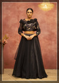 Black Satin Silk Semi-Stitched Bridal Lehenga - Nimaya Bonanza | Grocsy