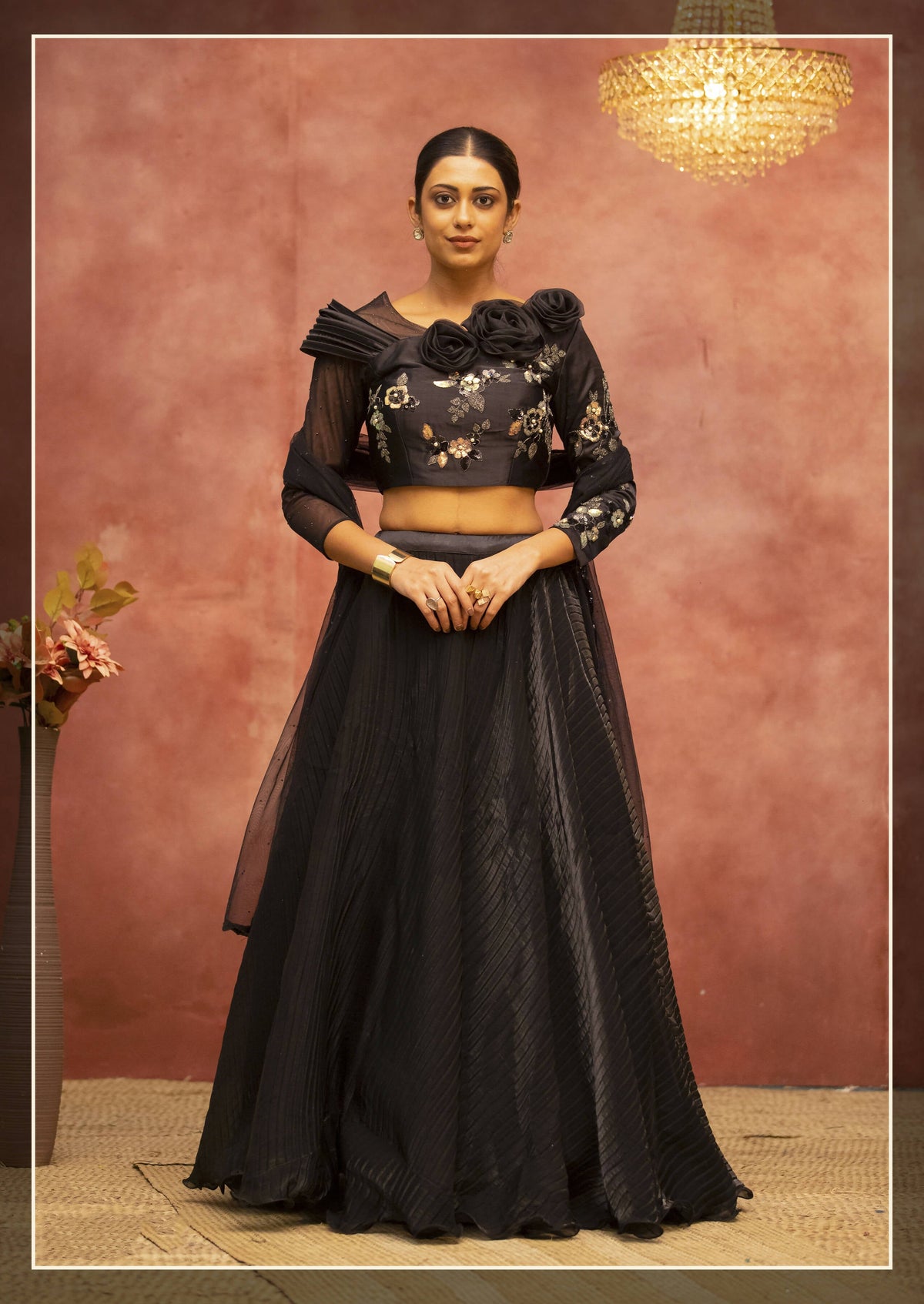 Black Satin Silk Semi-Stitched Bridal Lehenga - Nimaya Bonanza | Grocsy