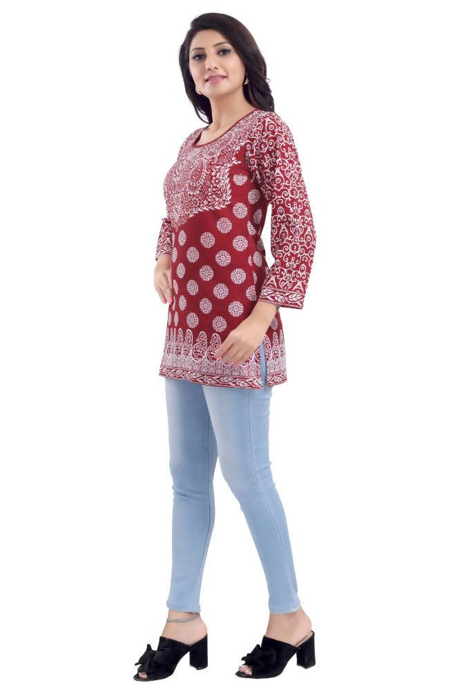 Snehal Creations Rust Faux Crepe Short Kurti Tunic | Grocsy