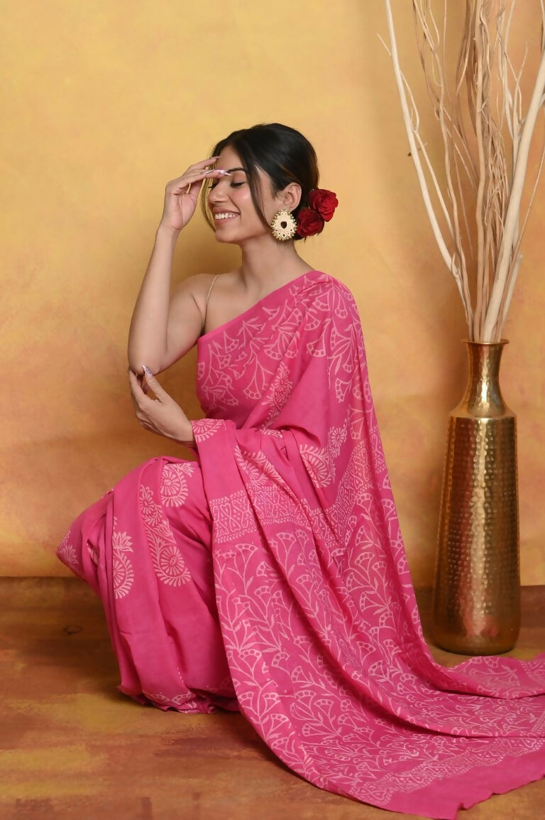 Very Much Indian Handblock Printed Cotton Saree With Natural Dyes - Pink | Grocsy