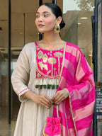 The52 Women's Gorgeous Embroidery Work Silk Fabric Flared Anarkali Pant and Dupatta Set-White | Grocsy