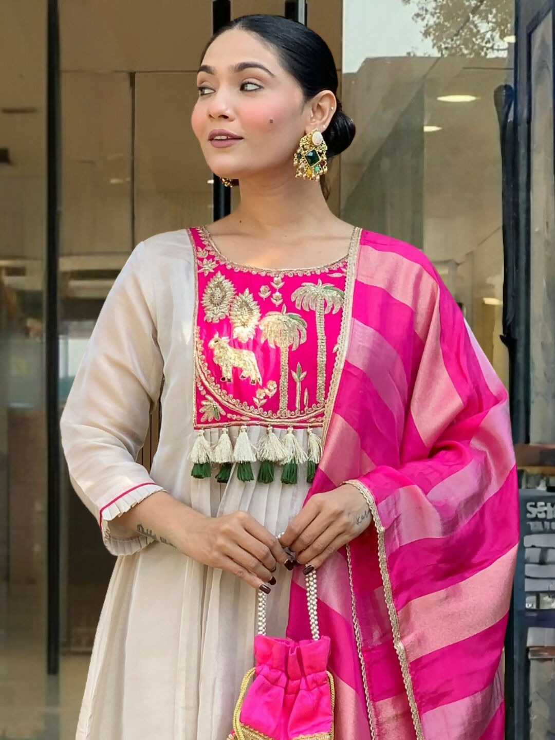 The52 Women's Gorgeous Embroidery Work Silk Fabric Flared Anarkali Pant and Dupatta Set-White | Grocsy