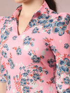 Myshka Women's Pink Printed Shirt Collar Fit and Flare Party Dress | Grocsy