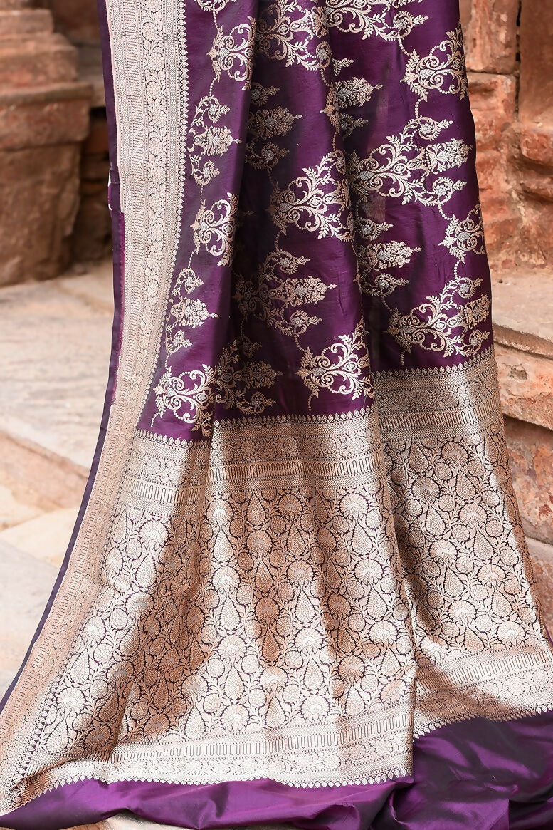 Joban Fashion Purple Pure Katan Pure Handloom Banarasi Silk Saree | Grocsy