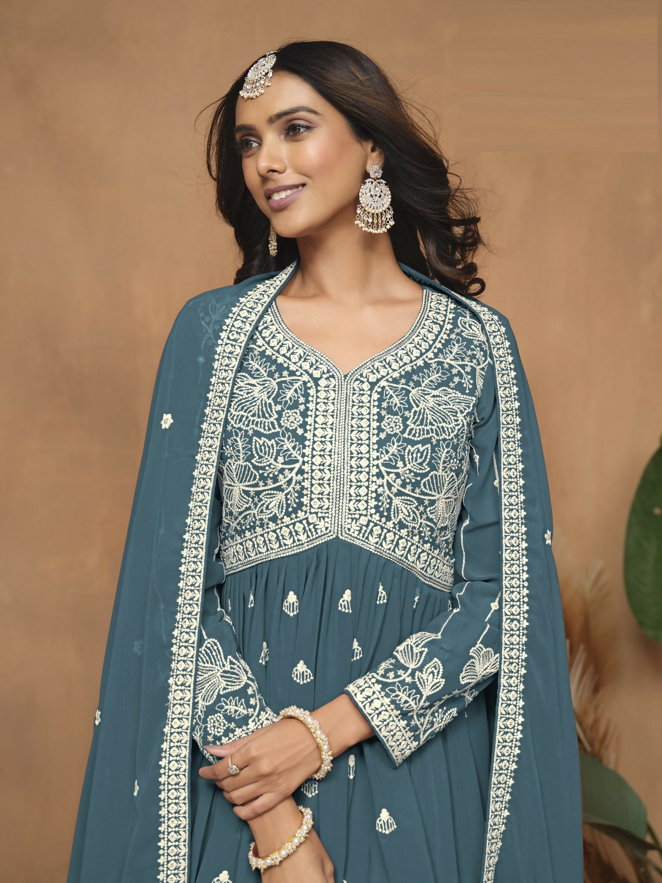 Anaita Teal Embroidered Faux Georgette Sharara Suit | Grocsy