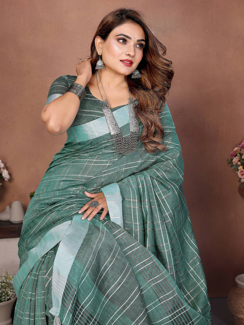 Aastha Fashion Sea Green Linen Weaving Saree | Grocsy