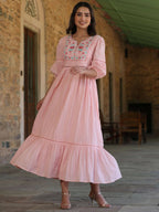 Juniper Women's Pink Cotton Dobby Embroidered Flared Dress | Grocsy