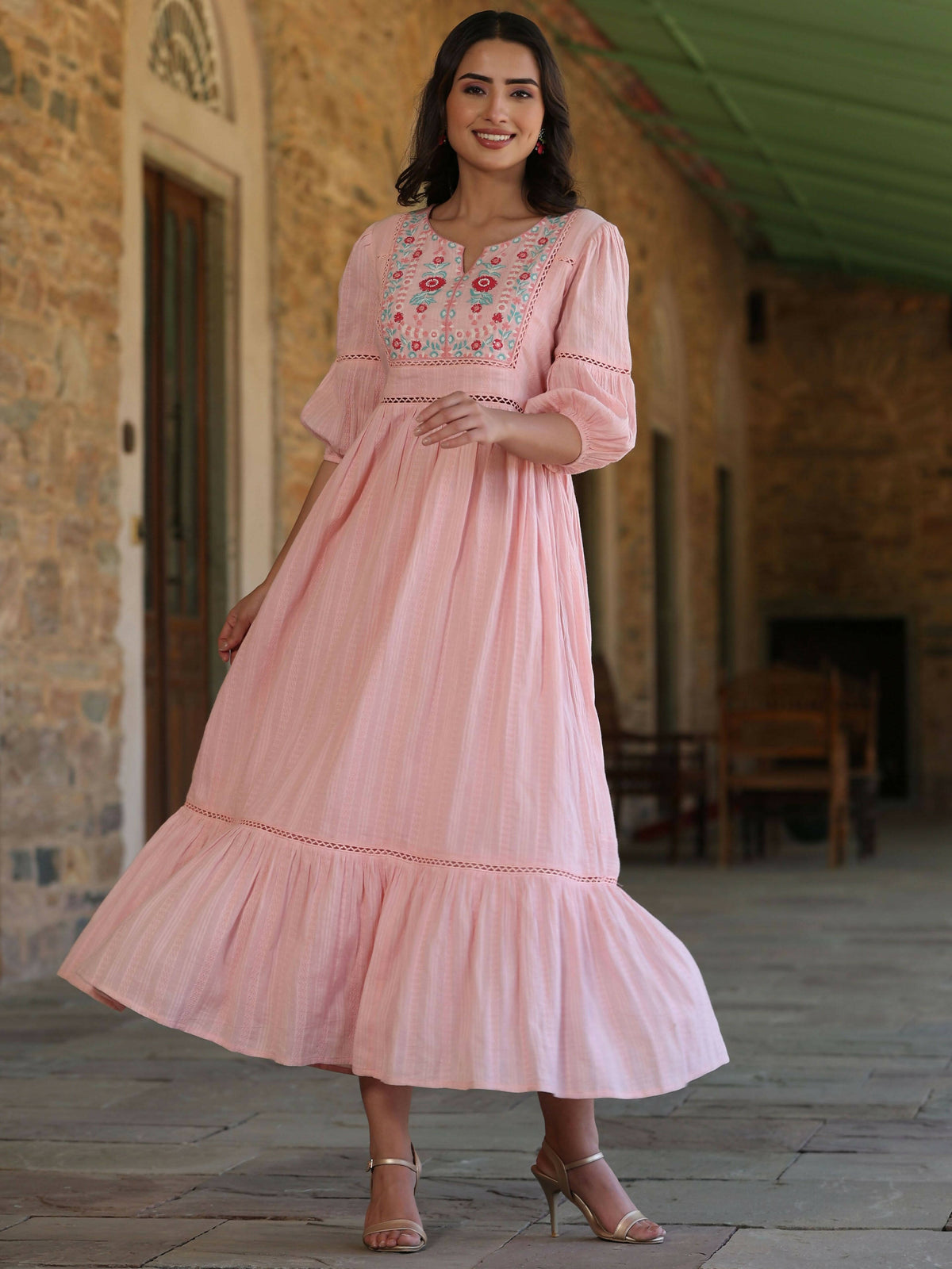 Juniper Women's Pink Cotton Dobby Embroidered Flared Dress | Grocsy
