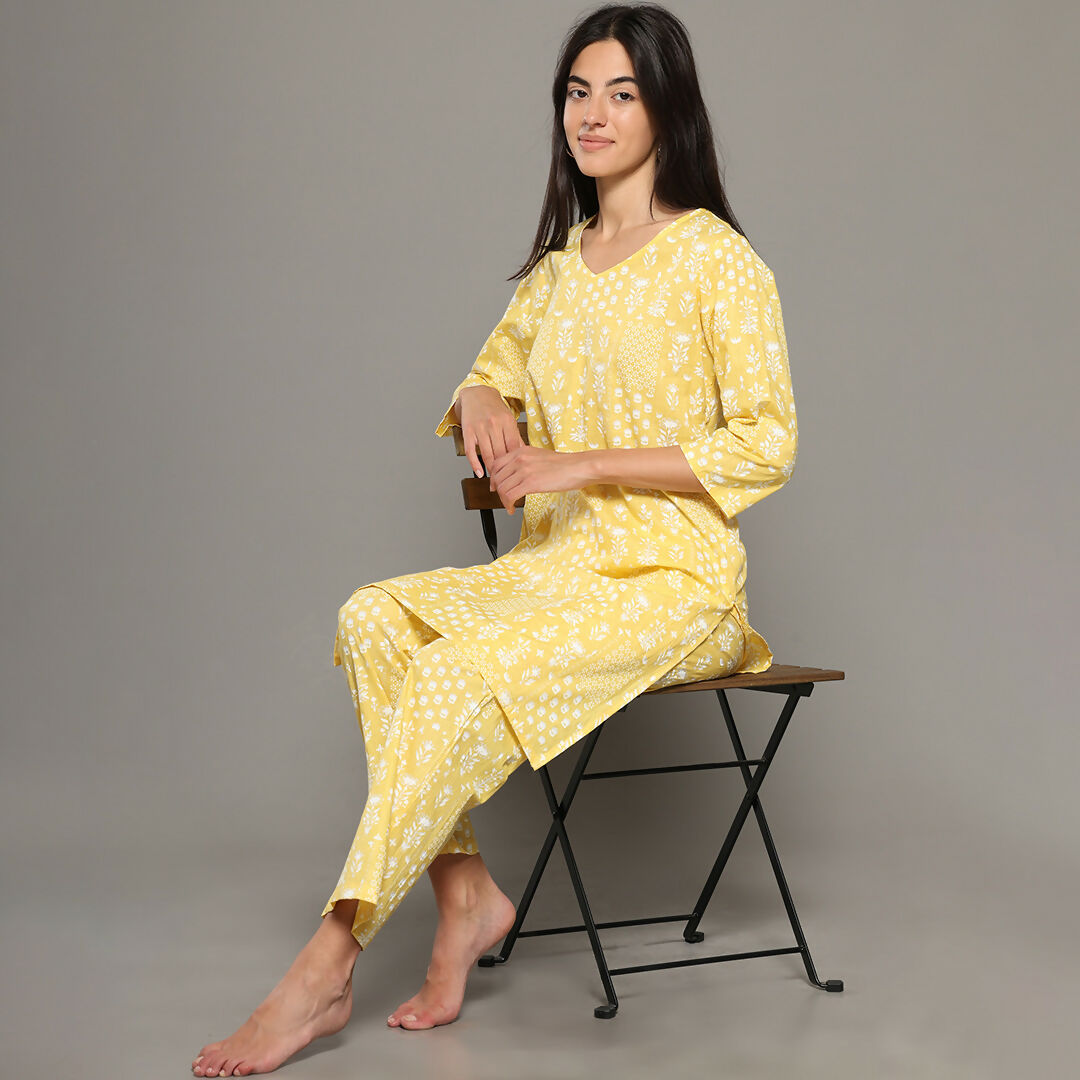Breathables Women Cotton Printed Loungewear Kurta And Pants Co-Ord Set Yellow I Nightwear | Abstract Print | Grocsy