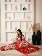 Shree Shyam Fashion Linen Cotton Red & White Saree | Grocsy