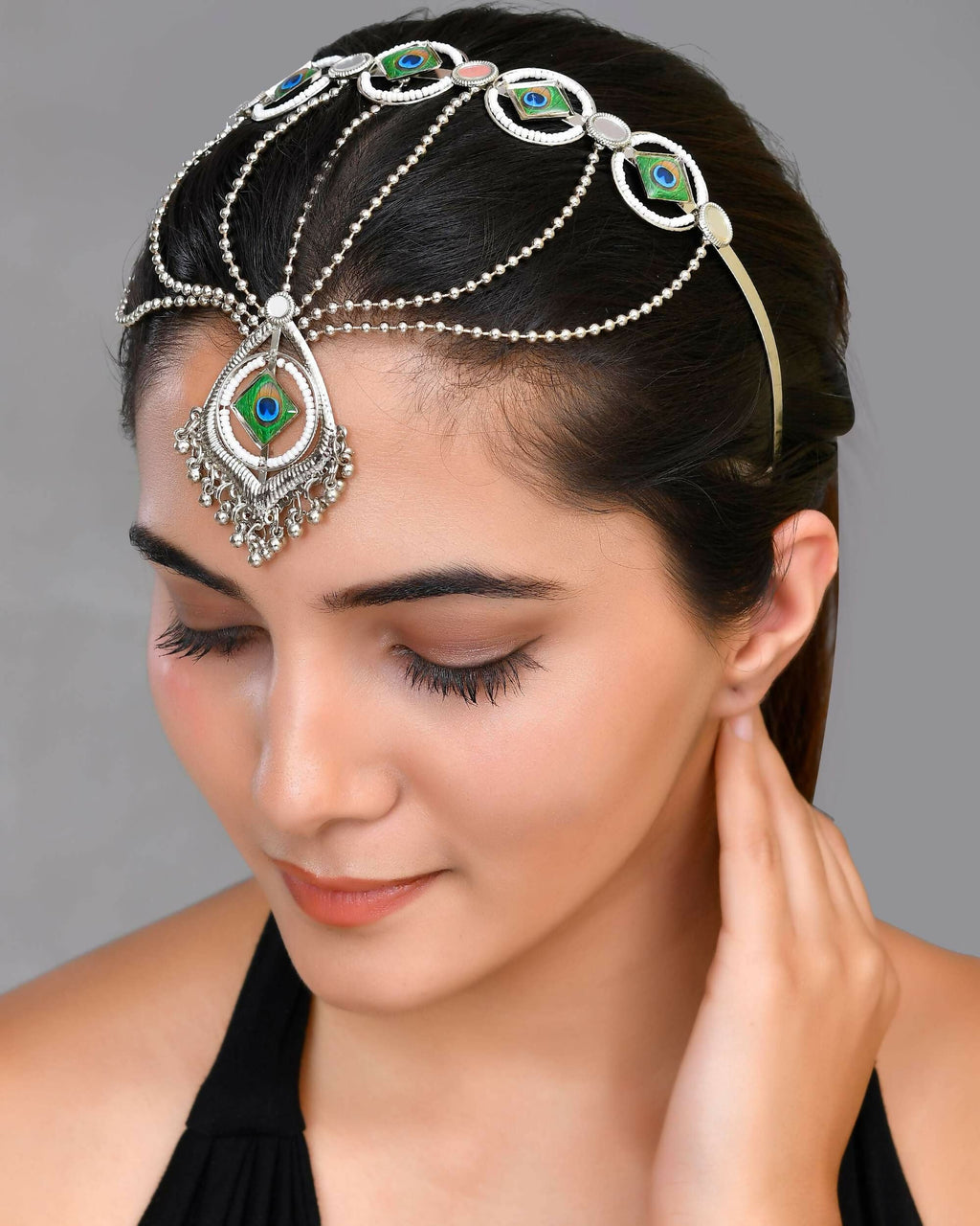 VOJ Silver Plated Peacock Printed Hairband With Mang Tikka | Grocsy