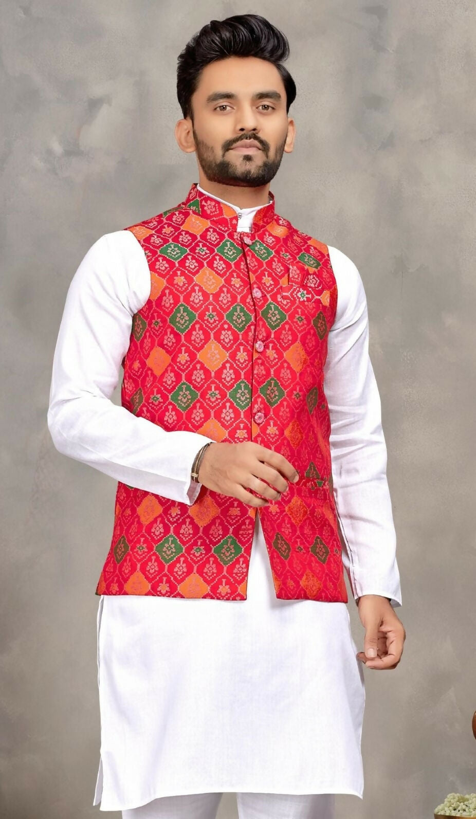 Anaita Red Cotton Straight Kurta Pajama & Koti With Jequard Work | Grocsy