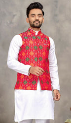 Anaita Red Cotton Straight Kurta Pajama & Koti With Jequard Work | Grocsy
