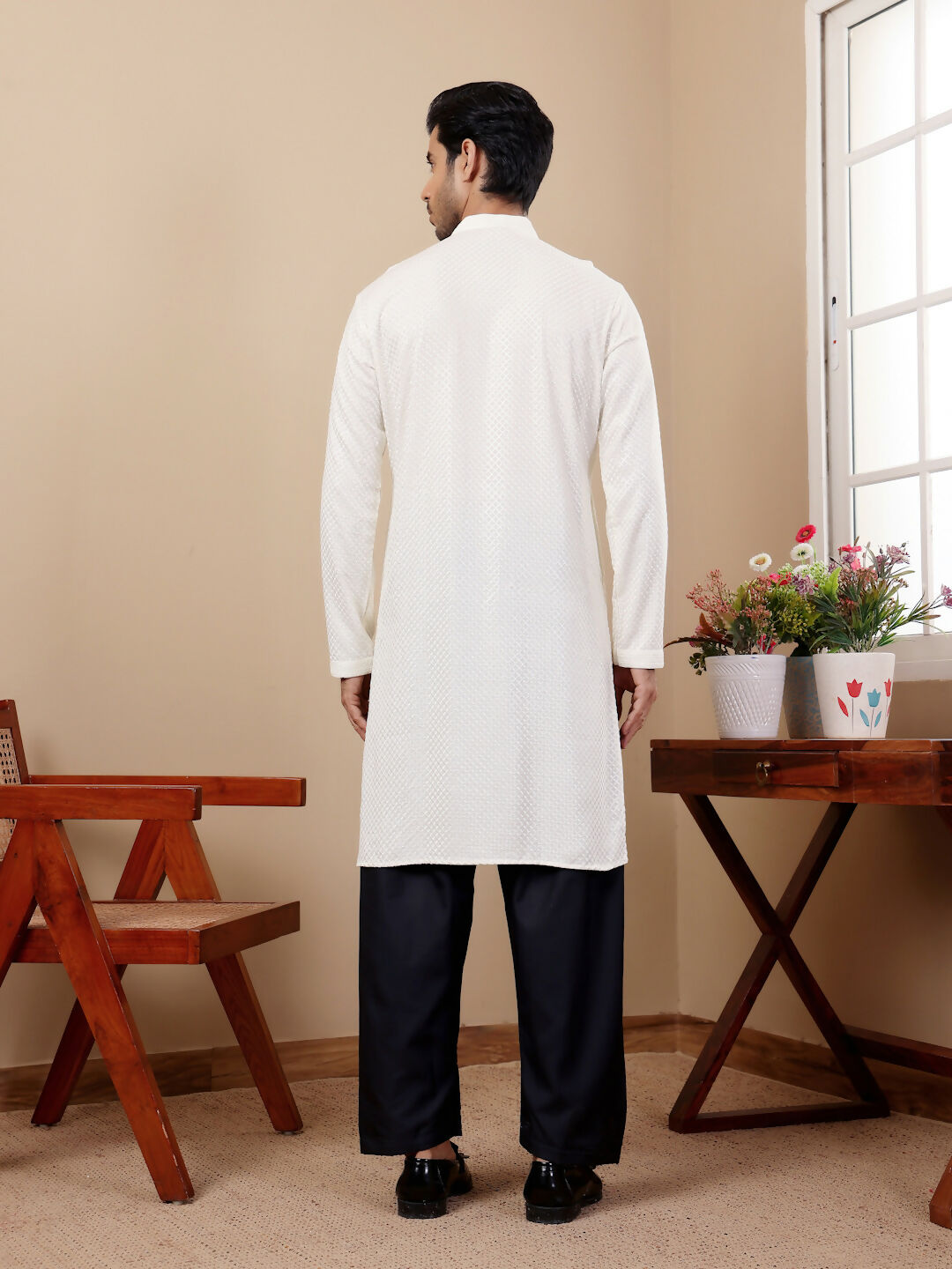 White Viscose Designer Chikankari Embroidery Work Men's Kurta - Mahotsav | Grocsy